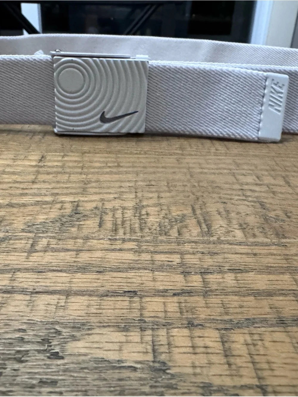 Nike White Webbing Belt with Silver-Tone Buckle and Swoosh